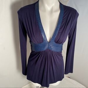 Sky brand navy blue leather trim empire waist long sleeve v-neck top